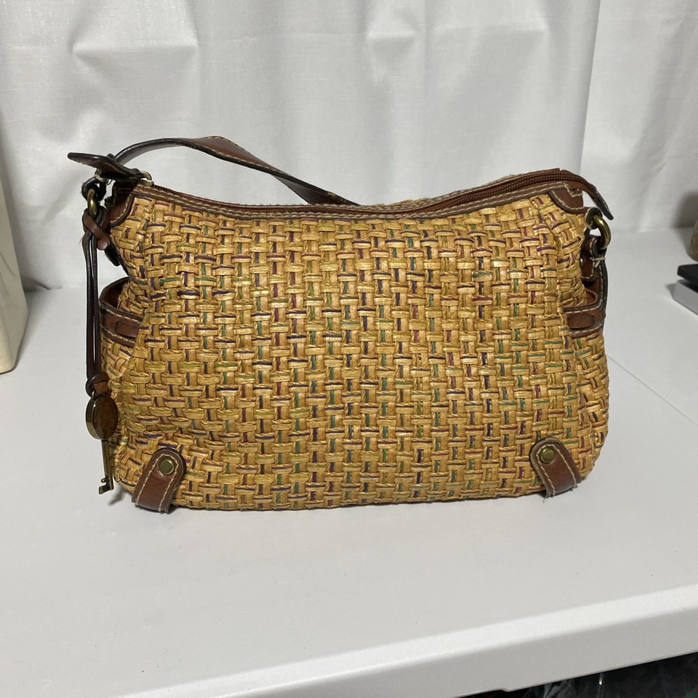 Fossil Woven Straw Shoulder Bag Beige Multi Color Key Medium